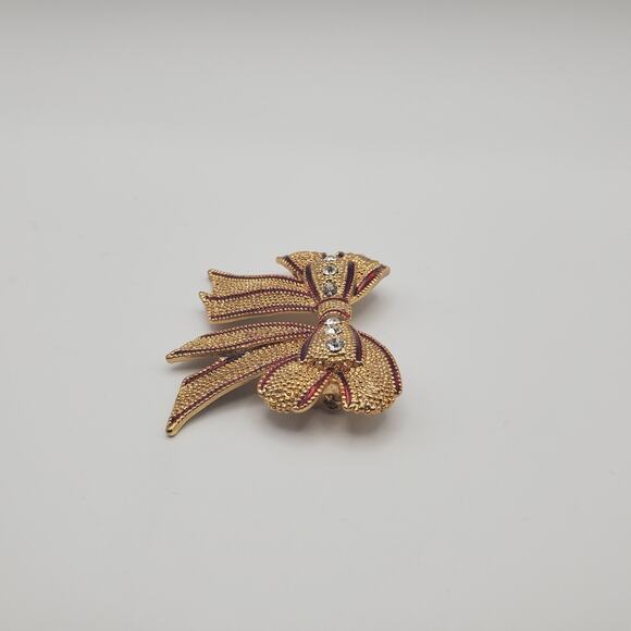 Christmas Bow Red Enamel Clear Rhinestones Vintage Gold Brooch Pin - Picture 3 of 6